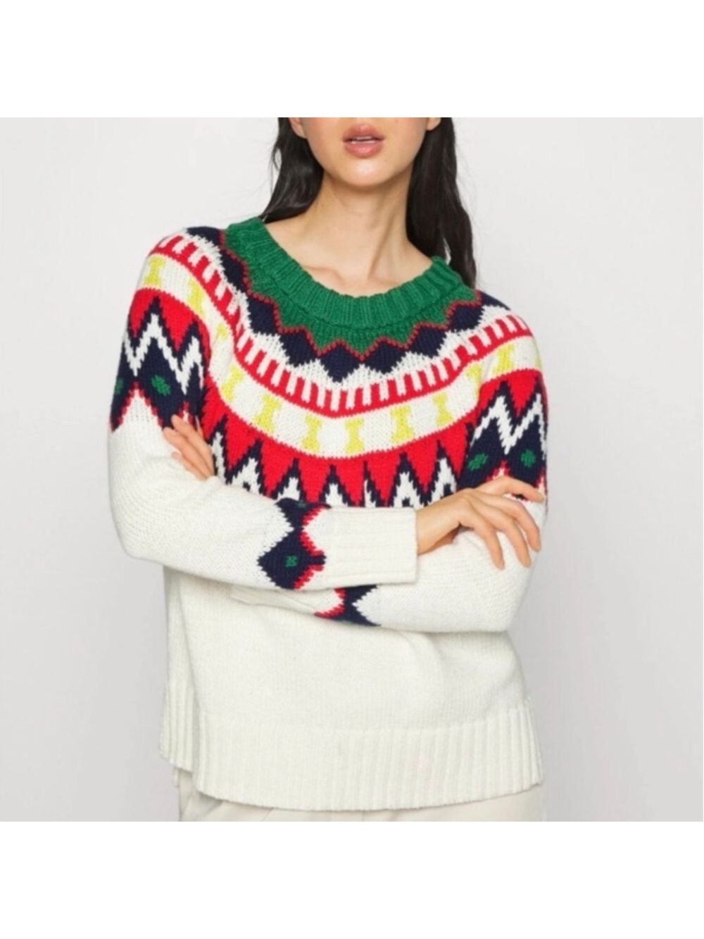 Aerie Festive Feels Fair Isle Pattern Crewneck Sweater - White/Green Accent Lg